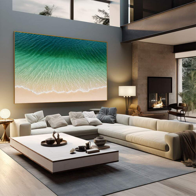 Quadro Decorativo Praia dos Sonhos | quadros decorativos | Vista aérea de praia com ondas azuis, águas verdes e areia bege clara | em Quadros para Escritorio | Porao dos Quadros