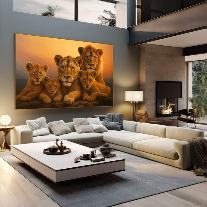 Quadro Decorativo Leões em Conexão Majestosa | quadros decorativos | Leoa majestosa com cinco filhotes em tons dourados e laranja ao entardecer | em Quadros para Escritorio | Porao dos Quadros