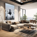 Quadro Decorativo Cavalo: Elegância e Singularidade | quadros decorativos | Cavalo negro centralizado entre cavalos brancos em composição fotográfica com contraste dramático | em Quadros para Escritorio | Porao dos Quadros