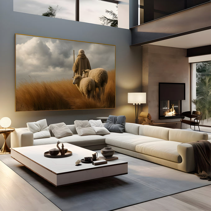 Jesus pastor de costas com cajado e duas ovelhas em campo dourado sob céu nublado, quadro decorativo