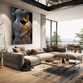 Quadro Decorativo Abraço da Alma Emocionante | quadros decorativos | Casal abraçado em prata e ouro com coração brilhante no centro em composição luminosa. | em Quadros para Quarto | Porao dos Quadros