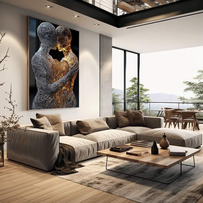 Quadro Decorativo Abraço da Alma Emocionante | quadros decorativos | Casal abraçado em prata e ouro com coração brilhante no centro em composição luminosa. | em Quadros para Quarto | Porao dos Quadros