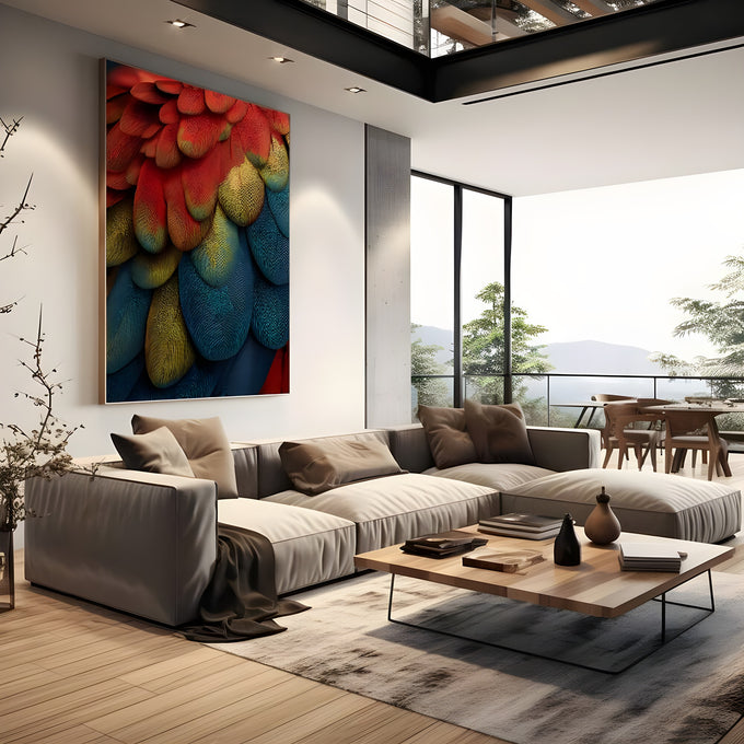 Close de penas de arara vermelhas, amarelas e azuis com textura detalhada, quadro decorativo