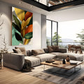 Folhas de ficus em verde, mostarda e terracota sobre formas geométricas laranja e menta, quadro decorativo