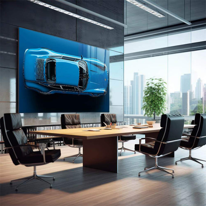 Quadro Decorativo Carro Esportivo em Azul Vibrante - Elegância e Velocidade | quadros decorativos | Porsche azul clássico em vista superior com detalhes realistas e fundo azul profundo. | em Quadros para Escritorio | Porao dos Quadros