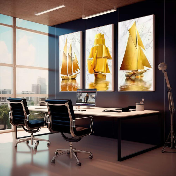 Quadro Decorativo Navegação Dourada - Inspiração Única | quadros decorativos | Três veleiros com velas douradas navegando em água com reflexos luminosos e tons quentes. | em Quadros para Escritorio | Porao dos Quadros