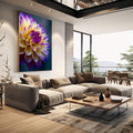 Quadro Decorativo Flor Exuberante Amarelo e Roxo | quadros decorativos | Dália roxa e amarela em aquarela com pétalas detalhadas e luz natural. | em Quadros para Escritorio | Porao dos Quadros