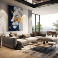 Leão branco de perfil com rachaduras douradas estilo kintsugi em fundo azul-marinho, quadro decorativo