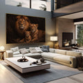 Majestade em Quadro Decorativo de Leões | quadros decorativos | Leão majestoso com leoa e filhote em tons dourados contra fundo negro profundo | em Quadros para Escritorio | Porao dos Quadros