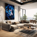 Quadro Decorativo Heróis em Encontro Épico | quadros decorativos | Casal em tons azul e preto com efeito de luz neon ao fundo, composição futurista e romântica. | em Quadros para Quarto | Porao dos Quadros