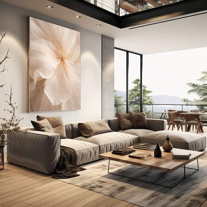 Quadro Decorativo Floral Elegante | quadros decorativos | Flor branca com pétalas texturizadas em tons bege e creme com luz natural | em Quadros para Escritorio | Porao dos Quadros