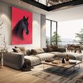 Quadro Decorativo Cavalo Negro Vibrante | quadros decorativos | Cavalo preto em perfil com crina volumosa em fundo vermelho vibrante com degradê. | em Quadros para Escritorio | Porao dos Quadros