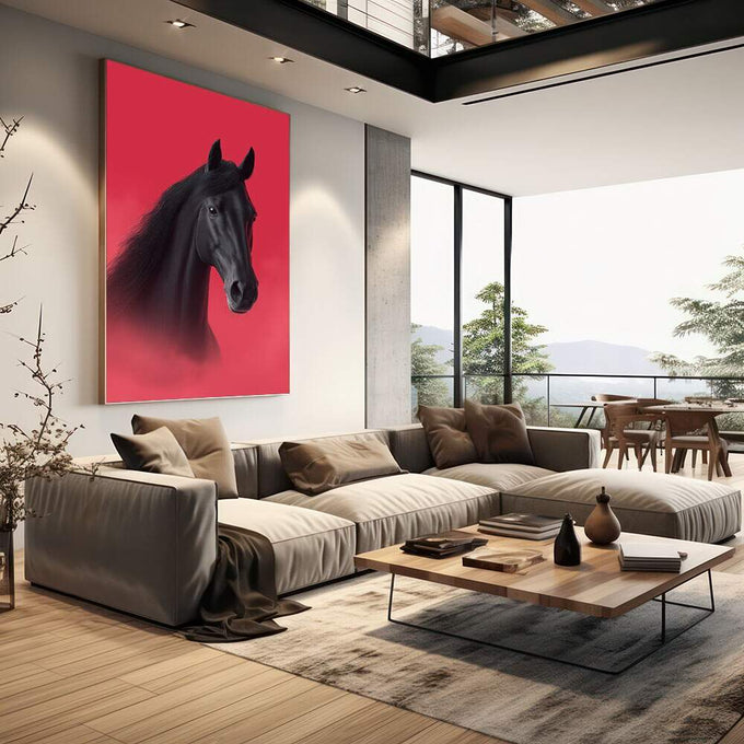 Quadro Decorativo Cavalo Negro Vibrante | quadros decorativos | Cavalo preto em perfil com crina volumosa em fundo vermelho vibrante com degradê. | em Quadros para Escritorio | Porao dos Quadros