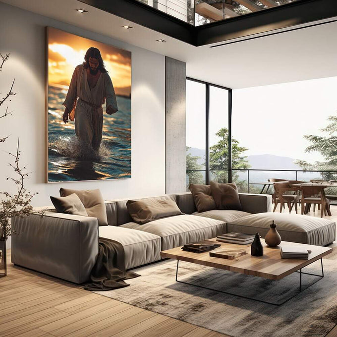 Quadro Decorativo Caminhando sobre as Águas | quadros decorativos | Mulher em vestido branco caminhando em água ao pôr do sol dourado. | em Quadros para Escritorio | Porao dos Quadros