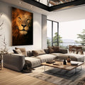 Quadro Decorativo Leão Dourado Majestoso | quadros decorativos | Leão majestoso com olhos verdes em tons de ouro e marrom, composição frontal realista. | em Quadros para Escritorio | Porao dos Quadros
