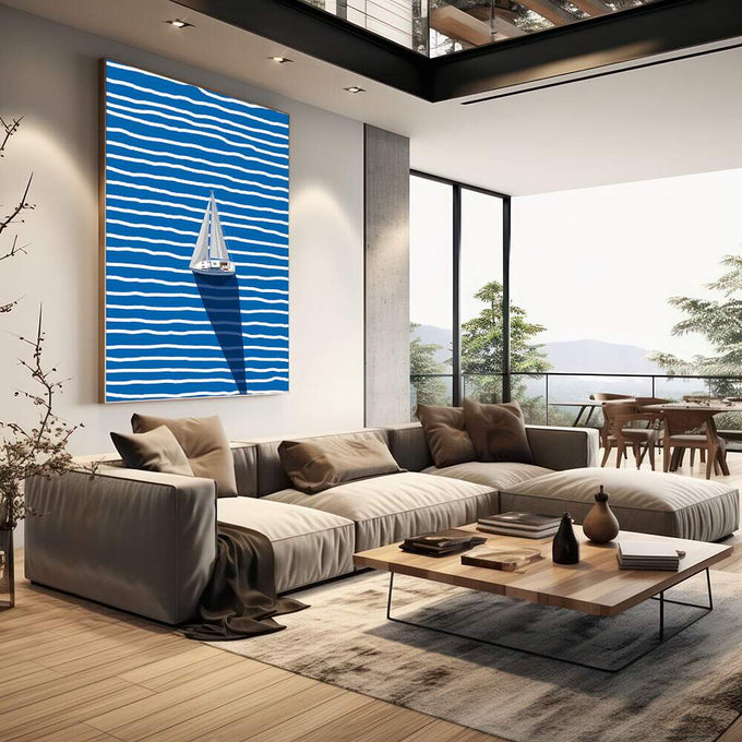 Quadro Decorativo Vela ao Vento | quadros decorativos | Veleiro branco navegando em mar de listras azuis e brancas abstratas | em Quadros para Escritorio | Porao dos Quadros