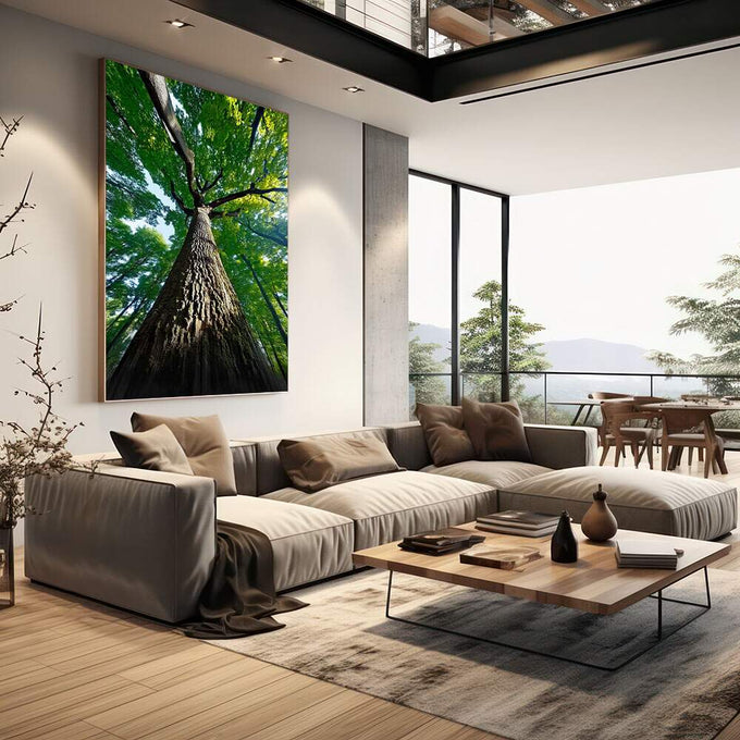 Quadro Decorativo Tronco da Vida com Força | quadros decorativos | Árvore centenária vista de baixo com tronco escuro e copa verde luminosa | em Quadros para Escritorio | Porao dos Quadros