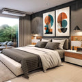 Quadro Decorativo Minimalista em Duo | quadros decorativos | Duas composições abstratas geométricas em laranja, azul, bege e tons terrosos com círculos e retângulos sobrepostos. | em Quadros para Escritorio | Porao dos Quadros