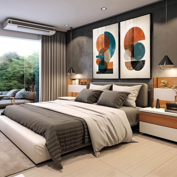 Quadro Decorativo Minimalista em Duo | quadros decorativos | Duas composições abstratas geométricas em laranja, azul, bege e tons terrosos com círculos e retângulos sobrepostos. | em Quadros para Escritorio | Porao dos Quadros