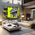 Quadro Decorativo Moderno Arquitetônico | quadros decorativos | Edifício clássico com colunas em amarelo neon vibrante e padrões texturizados em preto | em Quadros para Escritorio | Porao dos Quadros