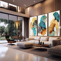 Quadro Decorativo Arte Contemporânea Ginkgo: Inspiração Única | quadros decorativos | Tríptico com folhas de ginkgo em azul, dourado e cinza com detalhes em ouro fino. | em Quadros para Escritorio | Porao dos Quadros