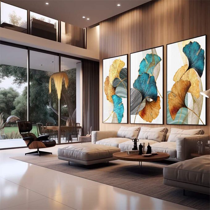 Quadro Decorativo Arte Contemporânea Ginkgo: Inspiração Única | quadros decorativos | Tríptico com folhas de ginkgo em azul, dourado e cinza com detalhes em ouro fino. | em Quadros para Escritorio | Porao dos Quadros