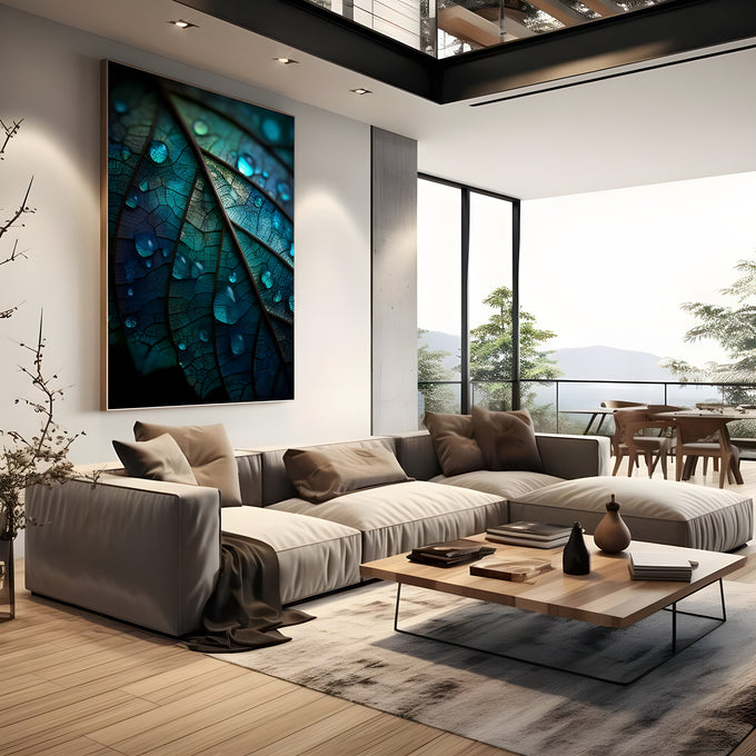 Macro de folha azul e verde com veios escuros e gotas de água brilhantes, quadro decorativo
