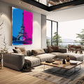 Quadro Decorativo Torre Eiffel Moderna | quadros decorativos | Torre Eiffel em pop art com divisão azul vibrante e rosa choque, composição gráfica contemporânea | em Quadros para Escritorio | Porao dos Quadros