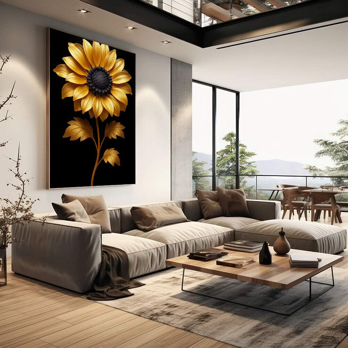 Quadro Decorativo Girassol Dourado Elegante | quadros decorativos | Girassol em dourado e preto com pétalas metalizadas em composição vertical realista. | em Quadros para Escritorio | Porao dos Quadros