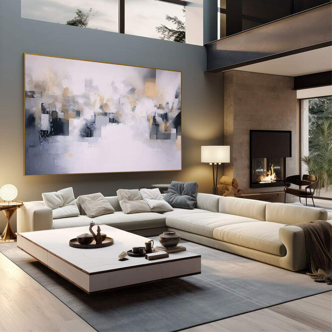 Quadro Decorativo Abstrato Azul e Dourado | quadros decorativos | Composição abstrata geométrica em cinza, azul e dourado com blocos fluidos e luz etérea | em Quadros para Escritorio | Porao dos Quadros