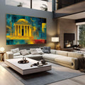 Quadro Decorativo Arquitetura Vibrante | quadros decorativos | Templo clássico em dourado com colunas contra fundo azul profundo com detalhes abstratos | em Quadros para Escritorio | Porao dos Quadros