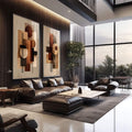Quadro Decorativo Abstrato Aconchegante | quadros decorativos | Duas telas com abstratos geométricos em tons terracota, bege e marrom com círculos e linhas verticais. | em Quadros para Escritorio | Porao dos Quadros