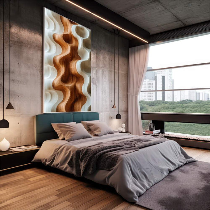 Quadro Decorativo Minimalista Fluido | quadros decorativos | Ondas abstratas em tons quentes de madeira e branco luminoso com composição dinâmica | em Quadros para Escritorio | Porao dos Quadros