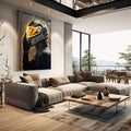 Quadro Decorativo Movimento Transcendente | quadros decorativos | Piloto em silhueta com capacete brilhando em neon dourado contra fundo preto | em Quadros para Escritorio | Porao dos Quadros