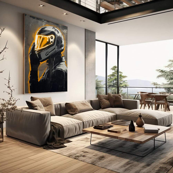 Quadro Decorativo Movimento Transcendente | quadros decorativos | Piloto em silhueta com capacete brilhando em neon dourado contra fundo preto | em Quadros para Escritorio | Porao dos Quadros