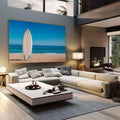 Quadro Decorativo Praia e Liberdade | quadros decorativos | Prancha de surf branca em areia dourada com oceano azul turqueso ao fundo | em Quadros para Escritorio | Porao dos Quadros