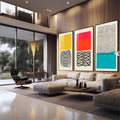 Quadro Decorativo: Abstração Vibrante - Ousadia em Cores | quadros decorativos | Três painéis abstratos geométricos com ondas, pontos e cores amarelo, vermelho e turquesa. | em Quadros para Escritorio | Porao dos Quadros