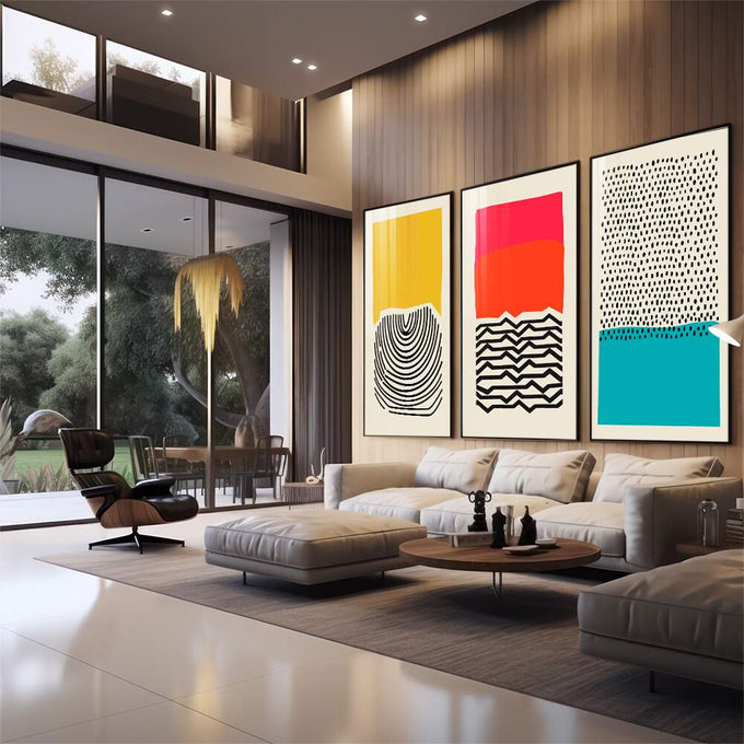 Quadro Decorativo: Abstração Vibrante - Ousadia em Cores | quadros decorativos | Três painéis abstratos geométricos com ondas, pontos e cores amarelo, vermelho e turquesa. | em Quadros para Escritorio | Porao dos Quadros