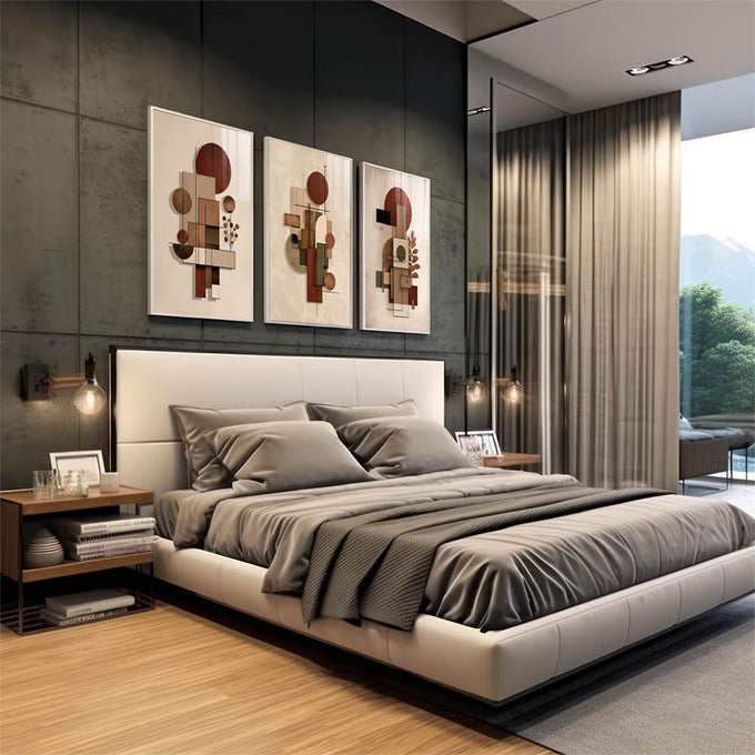 Quadro Decorativo Abstrato Terra & Folhagem | quadros decorativos | Composição abstrata com círculos terracota e formas geométricas em tons bege e creme em sobreposição. | em Quadros para Escritorio | Porao dos Quadros