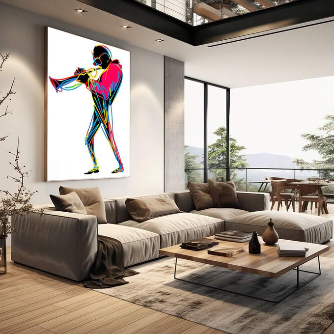 Quadro Decorativo Músico Vibrante | quadros decorativos | Músico tocando trompete em silhueta neon com cores vibrantes amarelo, azul, rosa e verde | em Quadros para Escritorio | Porao dos Quadros