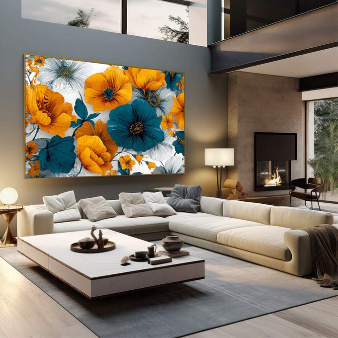 Quadro Decorativo Floral Vibrante para Casa | quadros decorativos | Flores amarelas e azuis em ilustração botânica refinada com fundo branco | em Quadros para Escritorio | Porao dos Quadros
