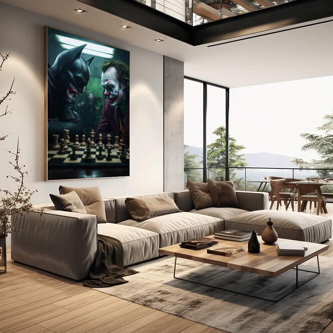 Quadro Decorativo Morcego vs Palhaço Épico | quadros decorativos | Dois personagens em confronto sobre tabuleiro de xadrez em tons verdes e pretos | em Quadros para Escritorio | Porao dos Quadros