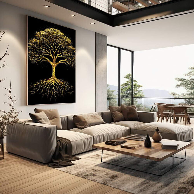 Quadro Decorativo Árvore Dourada | quadros decorativos | Árvore dourada radiante com raízes profundas em fundo preto absoluto. | em Quadros para Escritorio | Porao dos Quadros