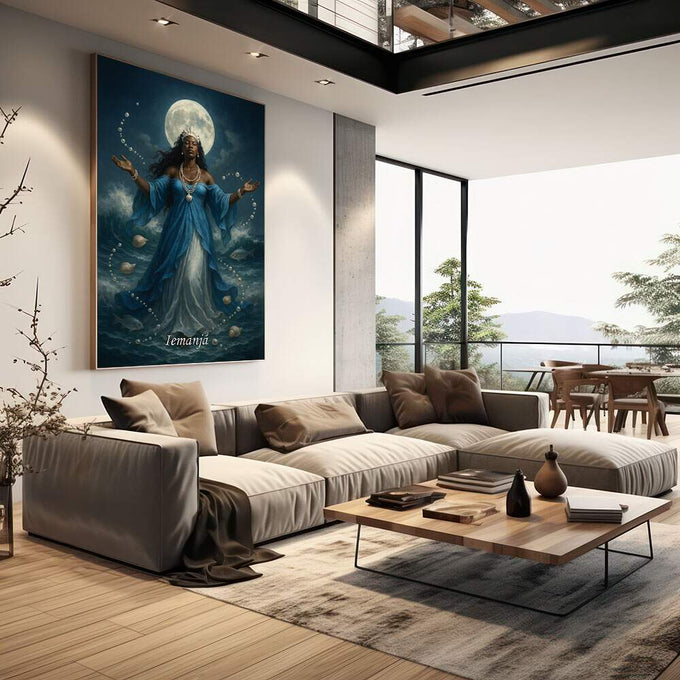 Quadro Decorativo Orixá Iemanjá: Rainha do Mar | quadros decorativos | Deusa da lua em veste azul contra lua cheia, com braços abertos e aura dourada em composição realista. | em Quadros para Escritorio | Porao dos Quadros