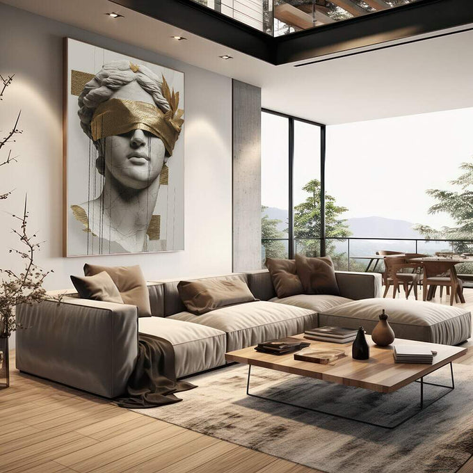 Quadro Decorativo Serenity em Mármore Dourado | quadros decorativos | Busto clássico blindado com detalhes dourados em composição vertical minimalista e sofisticada | em Quadros para Escritorio | Porao dos Quadros