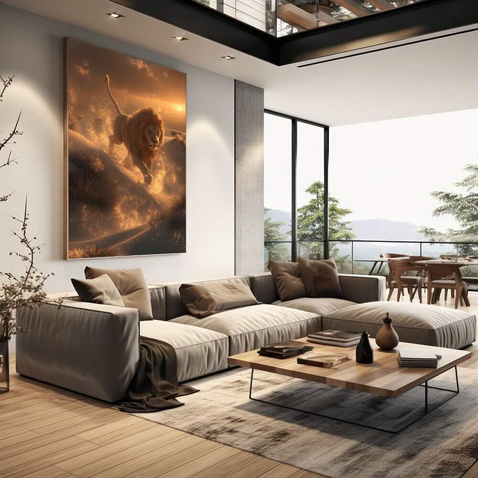 Quadro Decorativo Leão Majestoso e Poderoso | quadros decorativos | Leão majestoso em tons dourados e marrom envolvido em luz mágica ao amanhecer | em Quadros para Escritorio | Porao dos Quadros