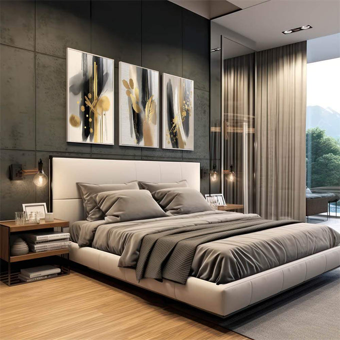 Quadro Decorativo Abstrato Luxo 3 Painéis | quadros decorativos | Três telas abstratas com preto, branco e dourado em composição fluida e elegante | em Quadros para Escritorio | Porao dos Quadros