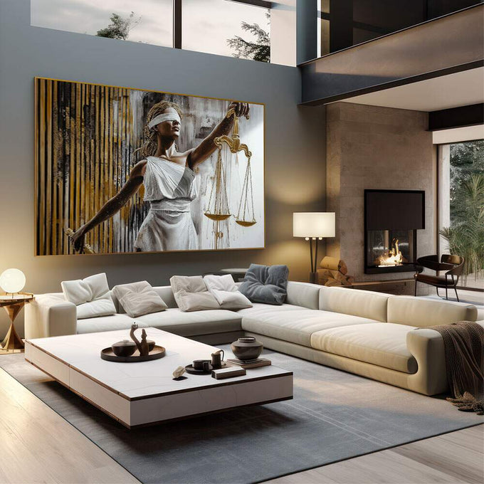 Quadro Decorativo Justiça com Elegância e Força | quadros decorativos | Mulher em branco com balança dourada, listras verticais pretas e douradas, composição elegante e simbólica | em Quadros para Escritorio | Porao dos Quadros