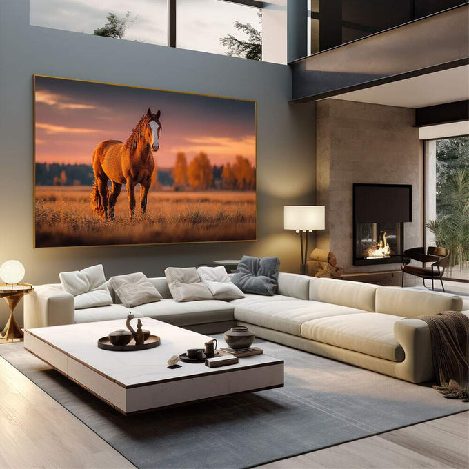 Quadro Decorativo Cavalo em Campo Sereno | quadros decorativos | Cavalo dourado em pé em campo aberto ao pôr do sol com céu coral e laranja queimado ao fundo. | em Quadros para Escritorio | Porao dos Quadros