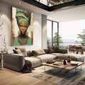 Quadro Decorativo Feminino Empoderado em Cores | quadros decorativos | Mulher africana com turbante verde e dourado, olhar intenso, joia no pescoço, fundo envelhecido em tons quentes | em Quadros para Escritorio | Porao dos Quadros